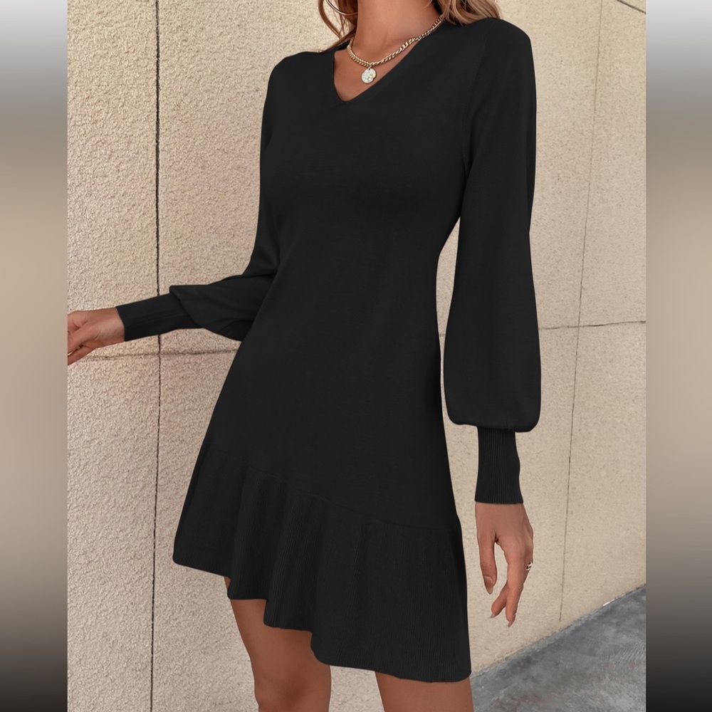 Bishop sleeve ruffle hem Sweater dress